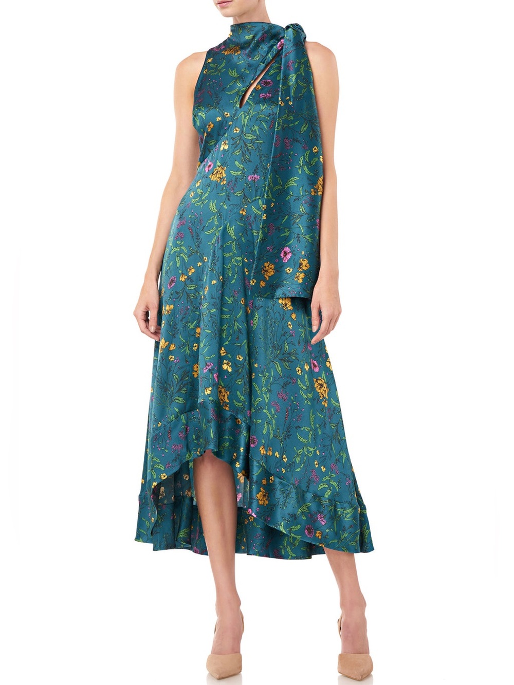 AMUR Georgia Silk Midi Dress in Teal Multi Wildflower